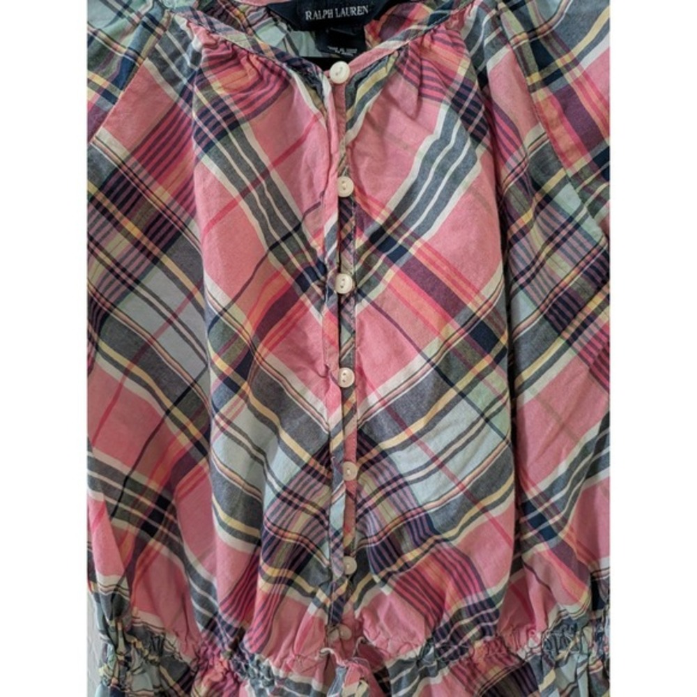 Ralph Lauren Girls Pink Blue Plaid Peplum Button Front Blouse Top Size 8 - Picture 6 of 8